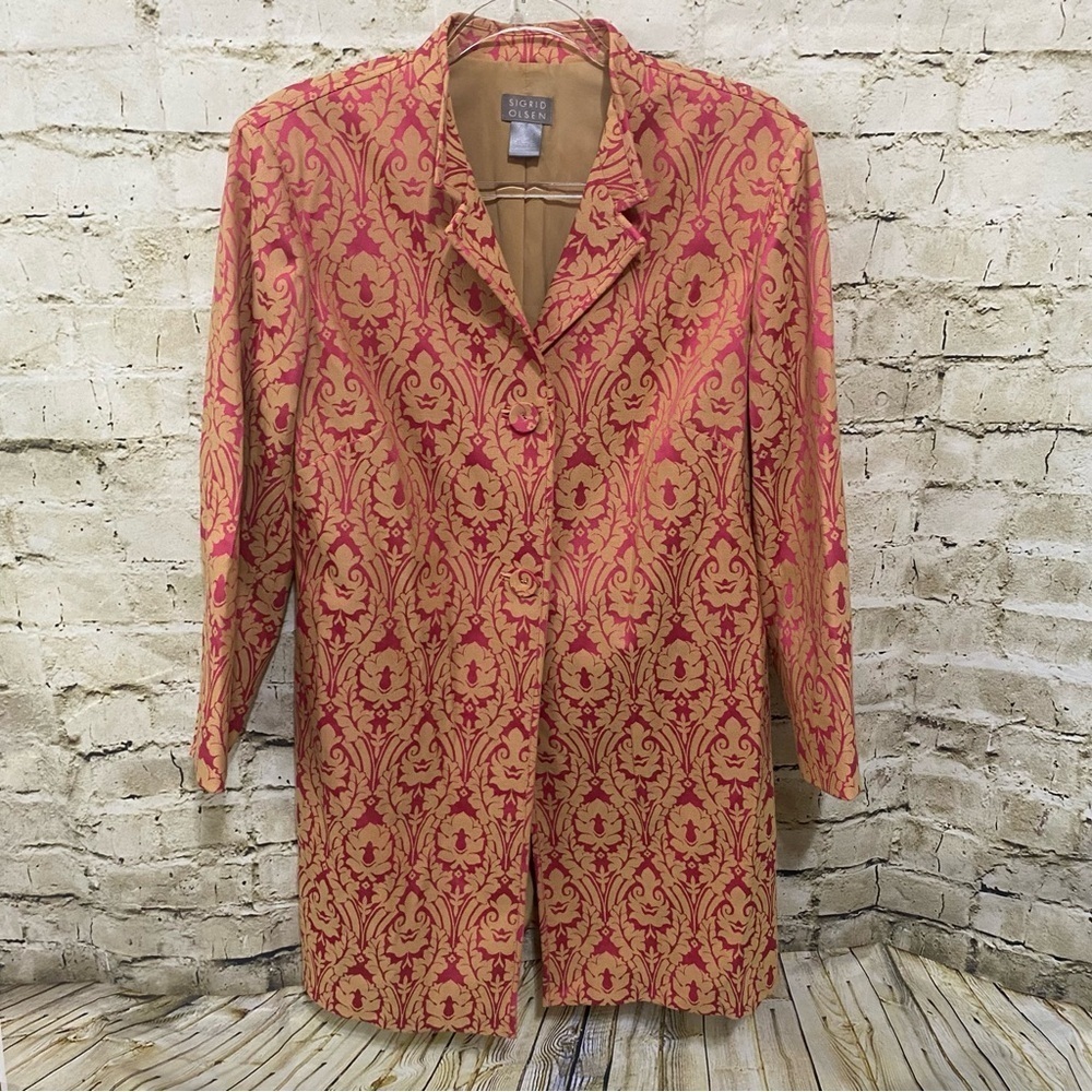 Sigrid Olsen Tan Fuschia 2 Button Floral Mid Trench Jacket